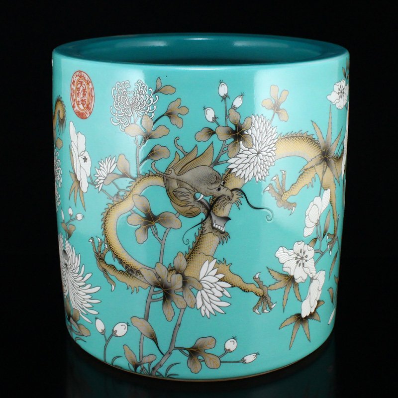 Chinese Cyan Ground Famille Rose Porcelain Brush Pot (1 of 12)
