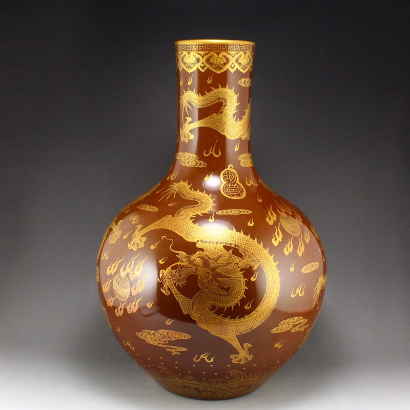 Gilt Gold Tea Dust Glaze Fortune Dragon Porcelain Vase (1 of 13)
