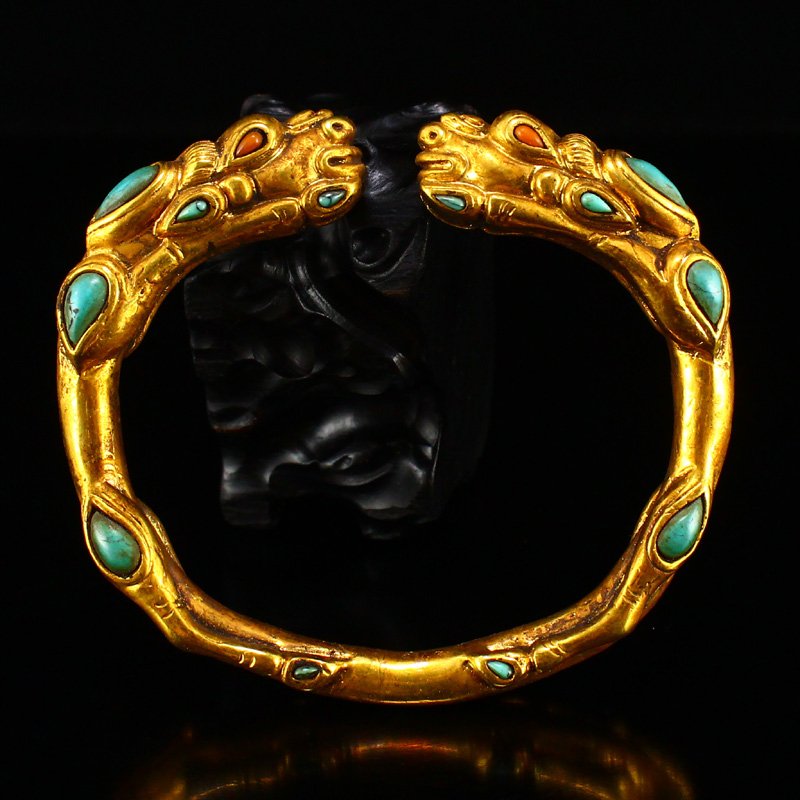 Gilt Gold Red Copper Inlay Gem Dragon Head Arm Bracelet (1 of 6)