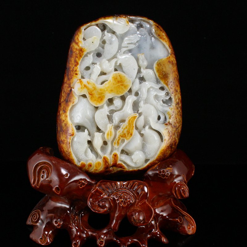 Chinese Hetian Jade Lotus Flower & Fish Statue (1 of 9)