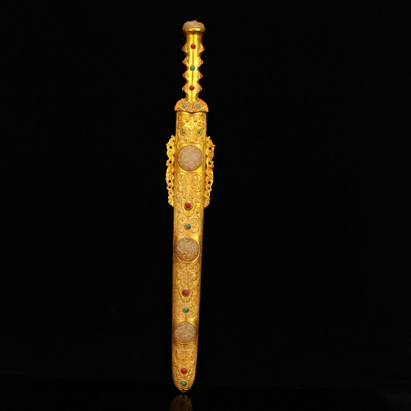 Gilt Gold Red Copper Inlay Jade & Gems Sword Statue (1 of 9)