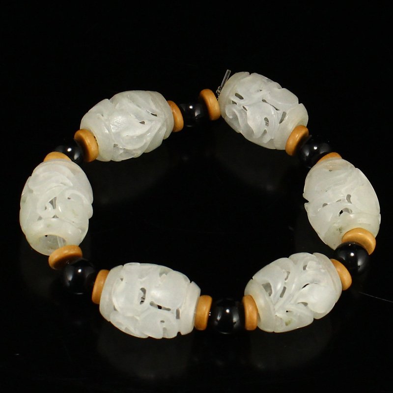 Openwork Chinese Natural Hetian Jade Beads Bracelet (1 of 6)