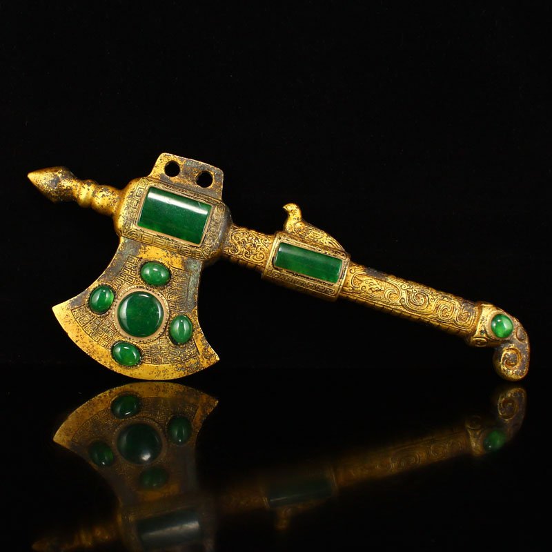 Vintage Gilt Gold Bronze Inlay Green Jade Axe Statue (1 of 7)