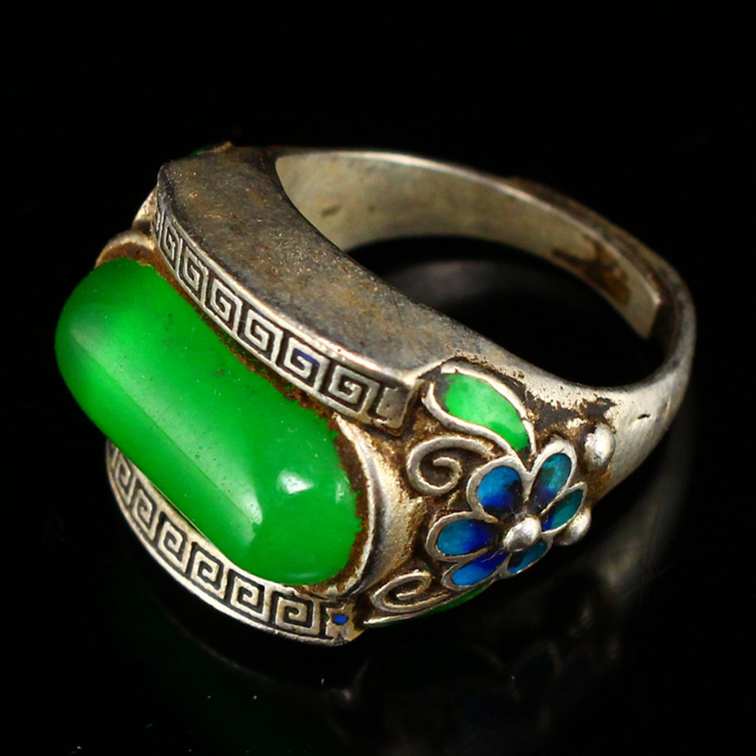 Vintage Chinese Sterling Silver Inlay Green Jade Ring (1 of 6)