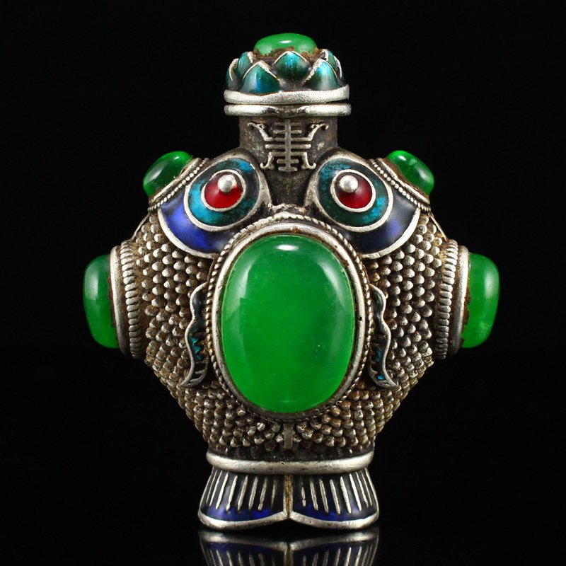 Vintage Silver Inlay Green Jade Snuff Bottle (1 of 6)