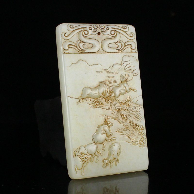 Vintage Chinese Hetian Jade Fortune Five Ox Pendant: Vintage Chinese Hetian Jade Fortune Five Ox & Mountain River Scenery Pendant w Certificate Dimension: 81 x 46 x 8 (mm) 3.19 x 1.81 x 0.31(inches) Weight: 0.17 lbs/77.73 g The wooden stand no included.