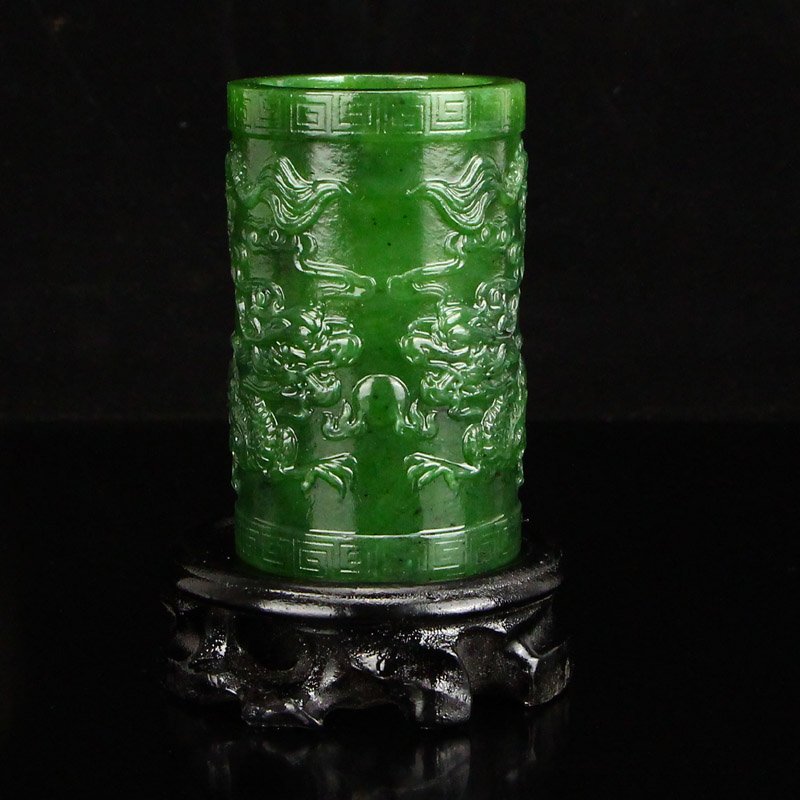 Chinese Natural Green Hetian Jade Brush Pot (1 of 7)