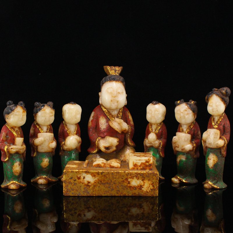 Seven Gilt Gold Coloured Hetian Jade Figures Statue (1 of 14)