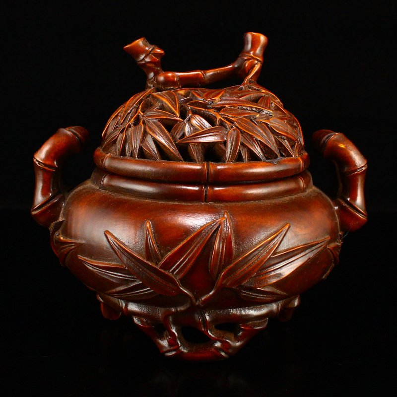 Chinese Boxwood Wood Carved Double Ears Incense Burner (1 of 7)