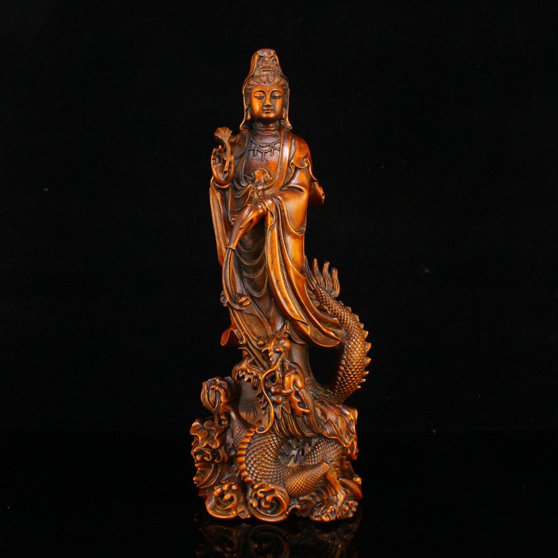 Chinese Boxwood Wood Kwan-Yin & Dragon Statue (1 of 10)