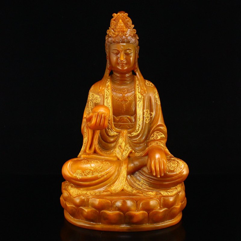 Chinese Gilt Gold Shoushan Stone Kwan-yin Statue (1 of 8)
