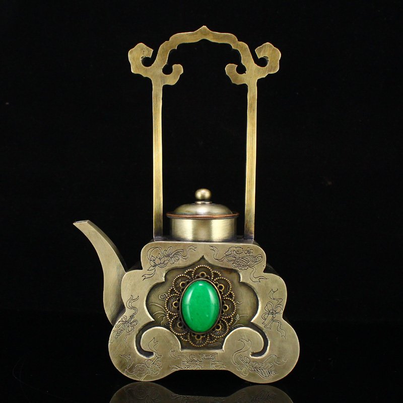 Chinese White Copper Inlay Green Jade Teapot (1 of 9)