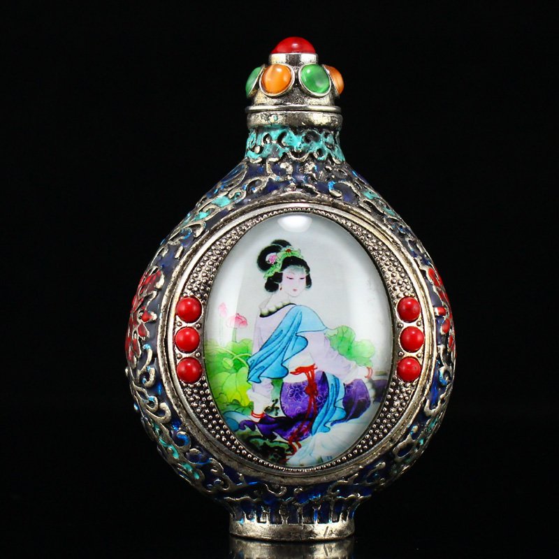 Vintage White Copper Enamel Inlay Gem Snuff Bottle (1 of 7)
