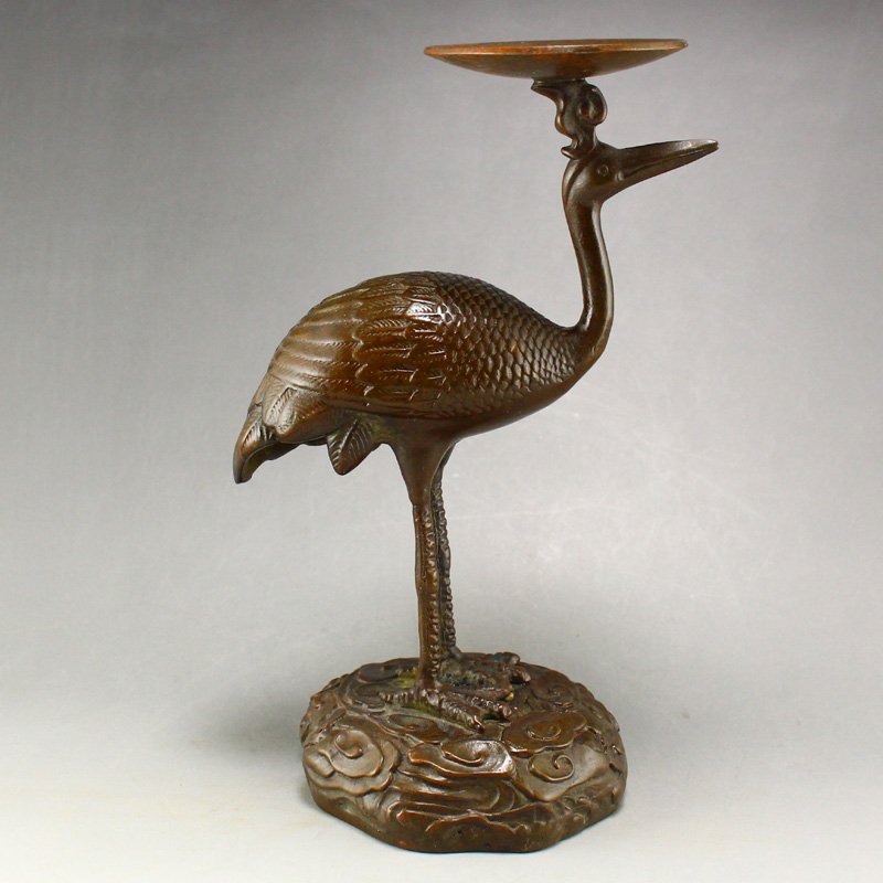 Vintage Chinese Red Copper Crane Candlestick (1 of 8)