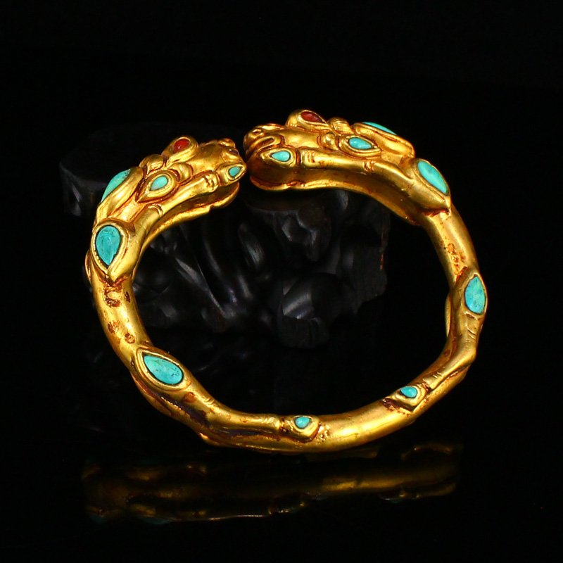 Vintage Chinese Gilt Gold Red Copper Inlay Gem Bracelet (1 of 7)