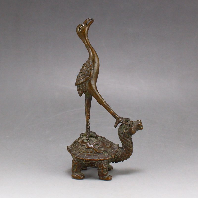 Vivid Chinese Bronze Dragon Turtle & Crane Statue (1 of 8)