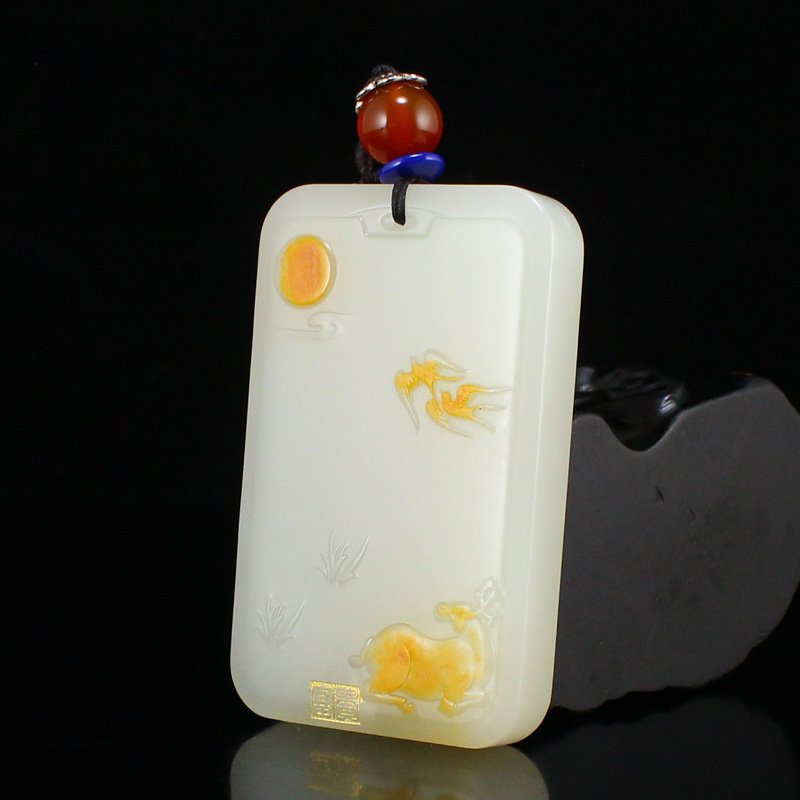 Superb Chinese White Hetian Jade Swallow & Deer Pendant (1 of 10)