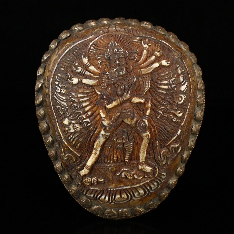 Tibetan Buddhist Sterling Silver & Gabbra Bone Bowl: 藏傳佛教 密宗灌頂法器 純銀鑲嵌 嘎巴拉頭骨 雕刻大威德%