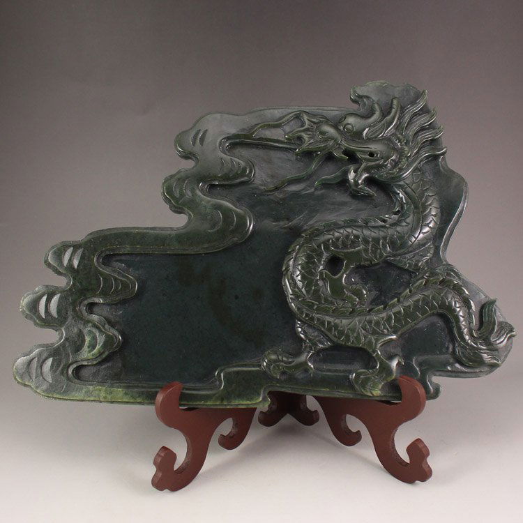 Deep Green Hetian Jade Clouds Dragon Design Inkstone (1 of 7)