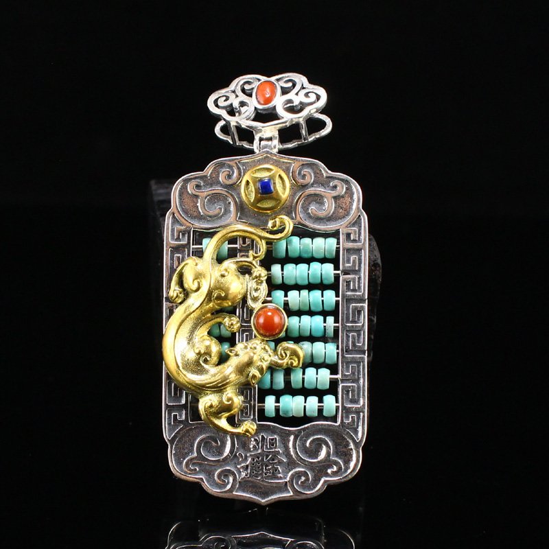 Silver Gilt Gold & Turquoise Chi Dragon Abacus Pendant (1 of 8)