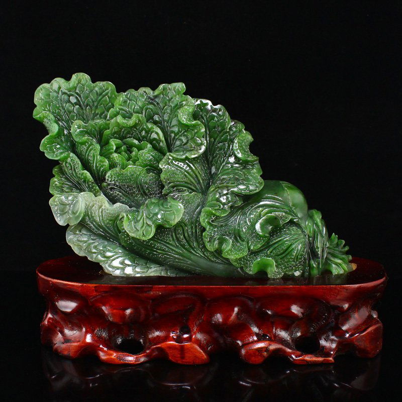 Natural Green Hetian Jade Fortune Cabbage Statue (1 of 8)