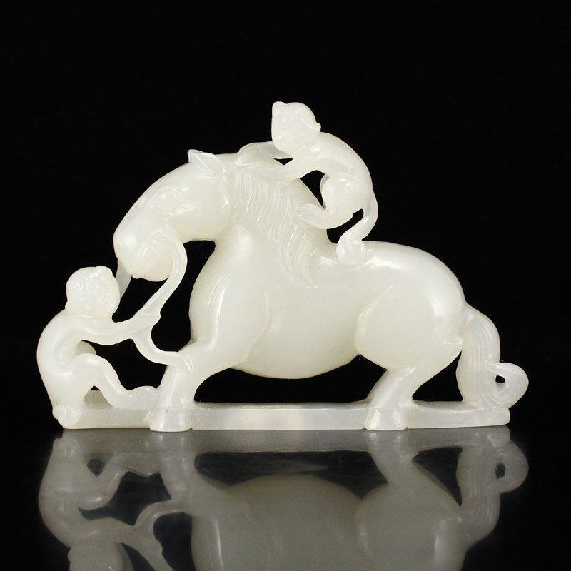 Chinese White Hetian Jade Horse & Monkeys Statue (1 of 8)