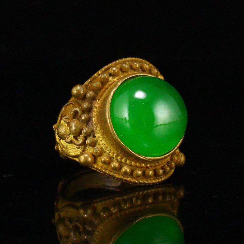 Chinese Gilt Gold Copper Inlay Green Jade Ring (1 of 6)