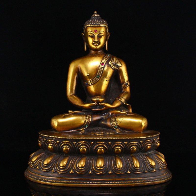 Gilt Gold Red Copper Inlay Gem Amitayus Buddha Statue (1 of 11)