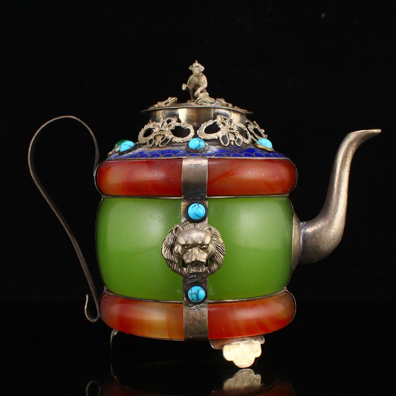 White Copper Inlay Green Jade & Red Agate Teapot (1 of 10)