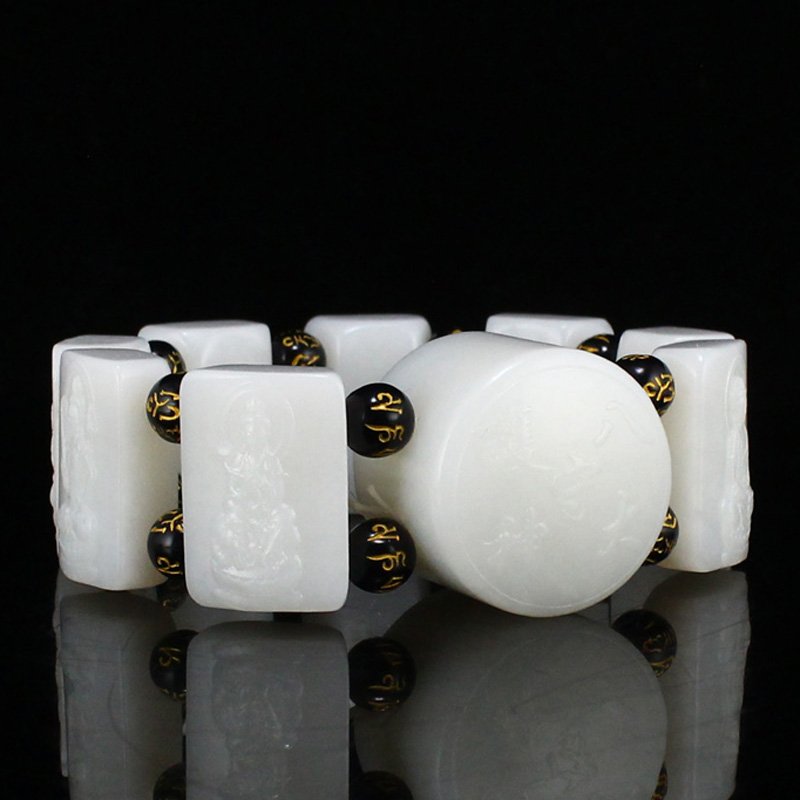 Natural White Hetian Jade Buddhism Figures Bracelet (1 of 10)