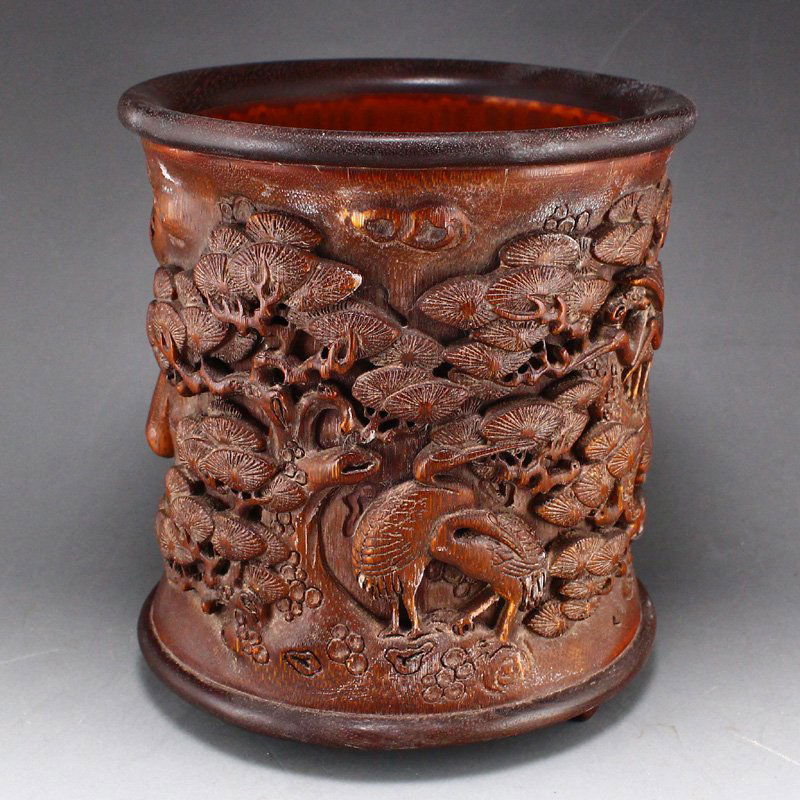 Vintage Bamboo Carved Cranes & Pine Tree Brush Pot (1 of 9)