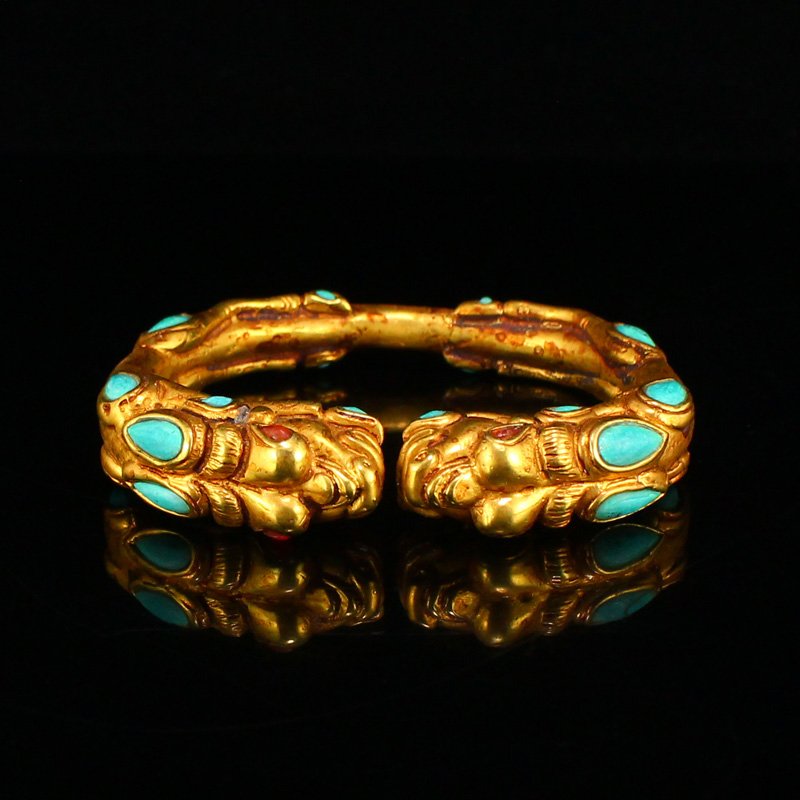 Vintage Chinese Gilt Gold Red Copper Inlay Gem Bracelet (1 of 7)