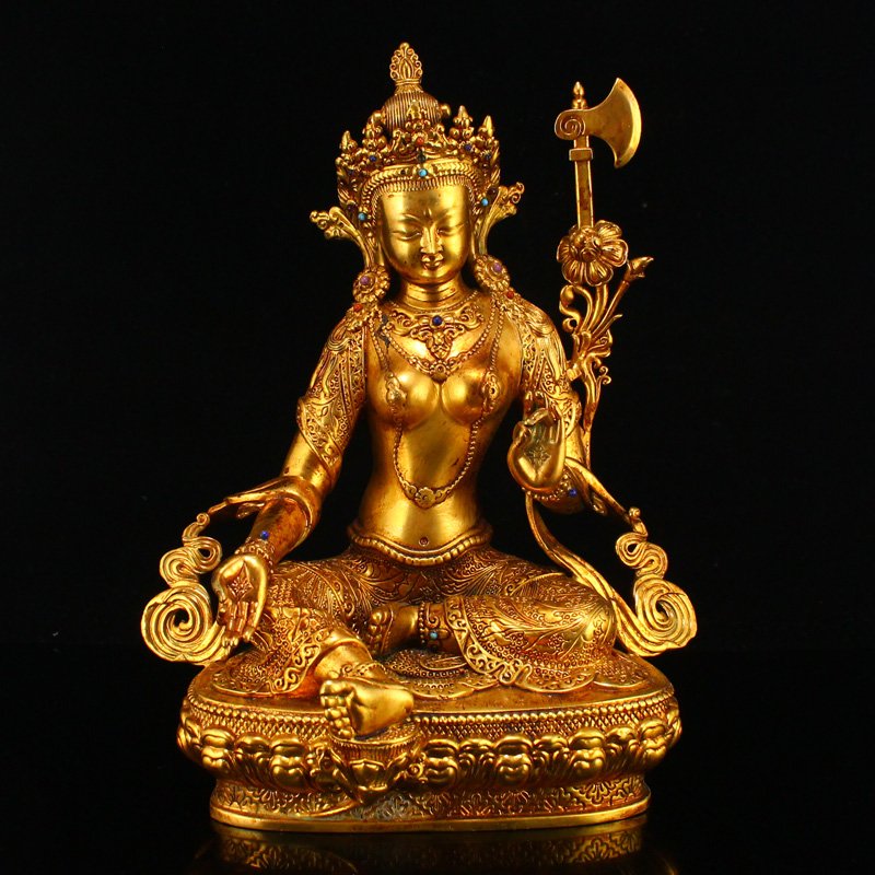 Gilt Gold Red Copper Inlay Gem Tara Boddhisattva Statue (1 of 10)