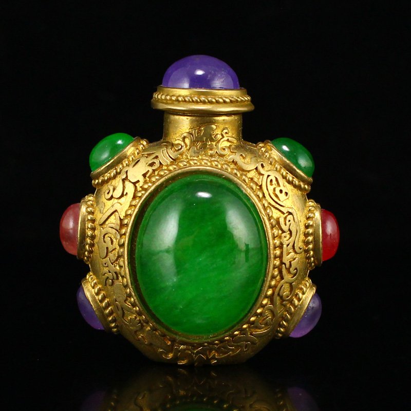 Gilt Gold Copper Inlay Green Jadeite & Gem Snuff Bottle (1 of 6)
