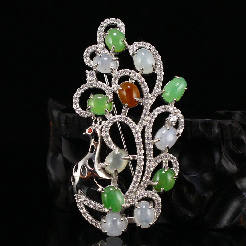 Beautiful Silver Inlay Natural Jadeite Peacock Brooch (1 of 6)