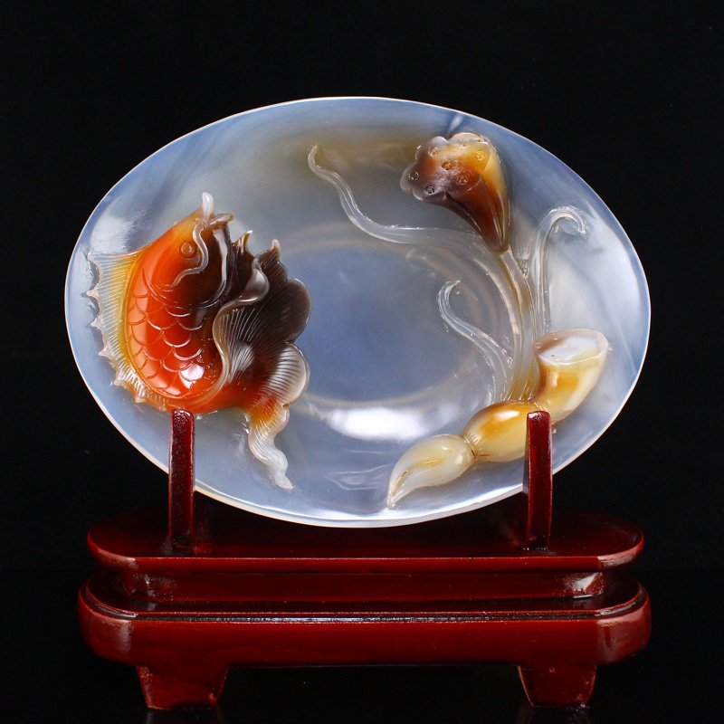Chinese Natural Agate Double GoldFish & Lotus Pod Plate (1 of 9)