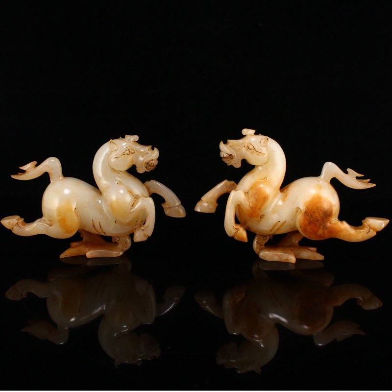 Pair Vintage Hetian Jade Statues - Horses & Swallow (1 of 12)