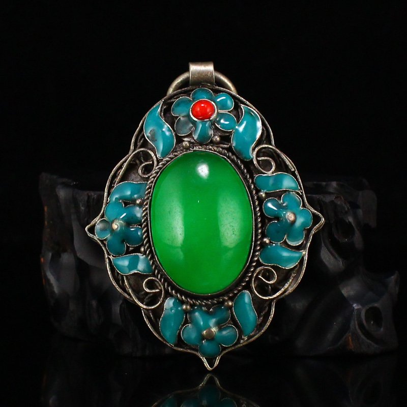 Vintage Pure Silver Inlay Green Jade & Gem Pendant (1 of 7)
