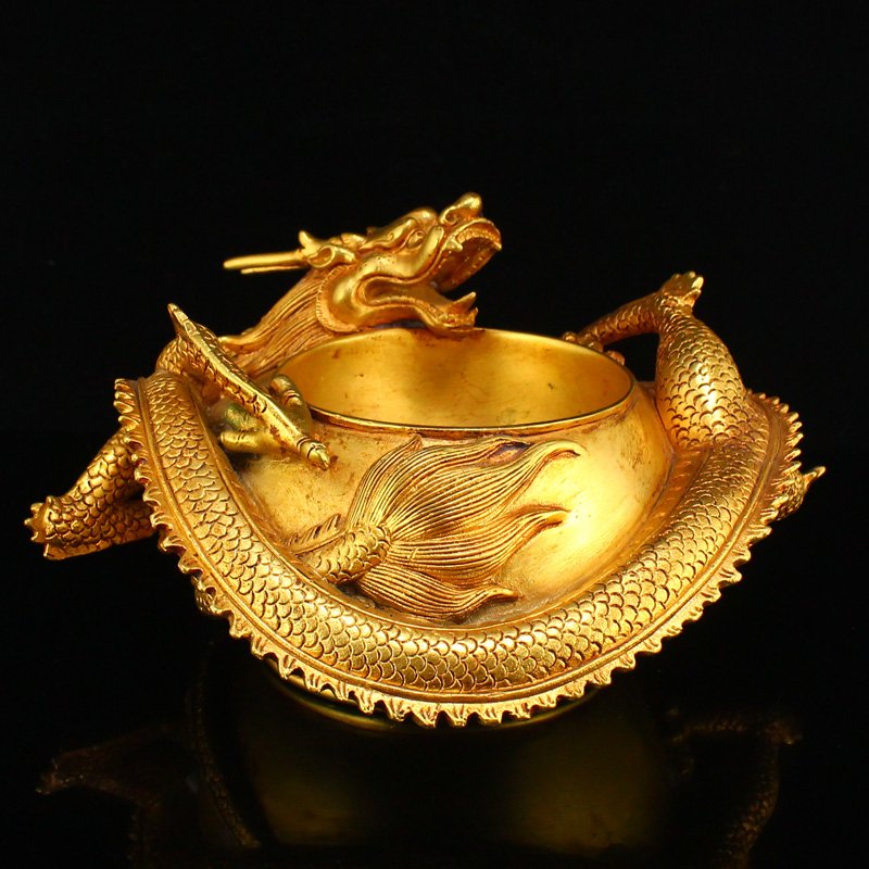 Superb Gilt Gold Red Coper Lucky Dragon Brush Washer (1 of 10)