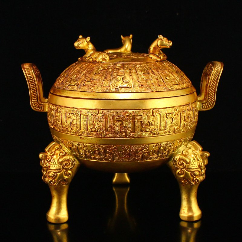 Gilt Gold Red Copper Double Ears 3 Legs Incense Burner (1 of 11)