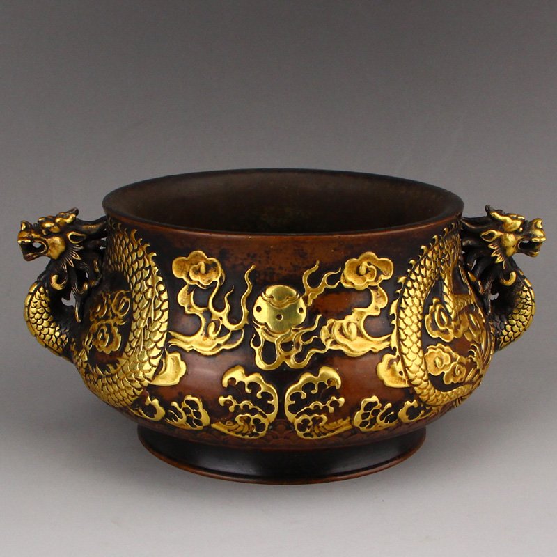 Gilt Gold Red Copper Double Dragon Incense Burner (1 of 9)