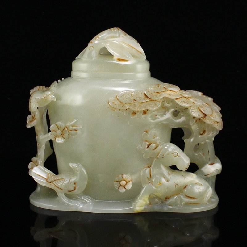 Qing Dy Hetian Jade Pine Tree & Plum Flower Pot (1 of 9)