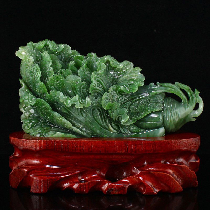 Natural Green Hetian Jade Fortune Cabbage Statue (1 of 8)