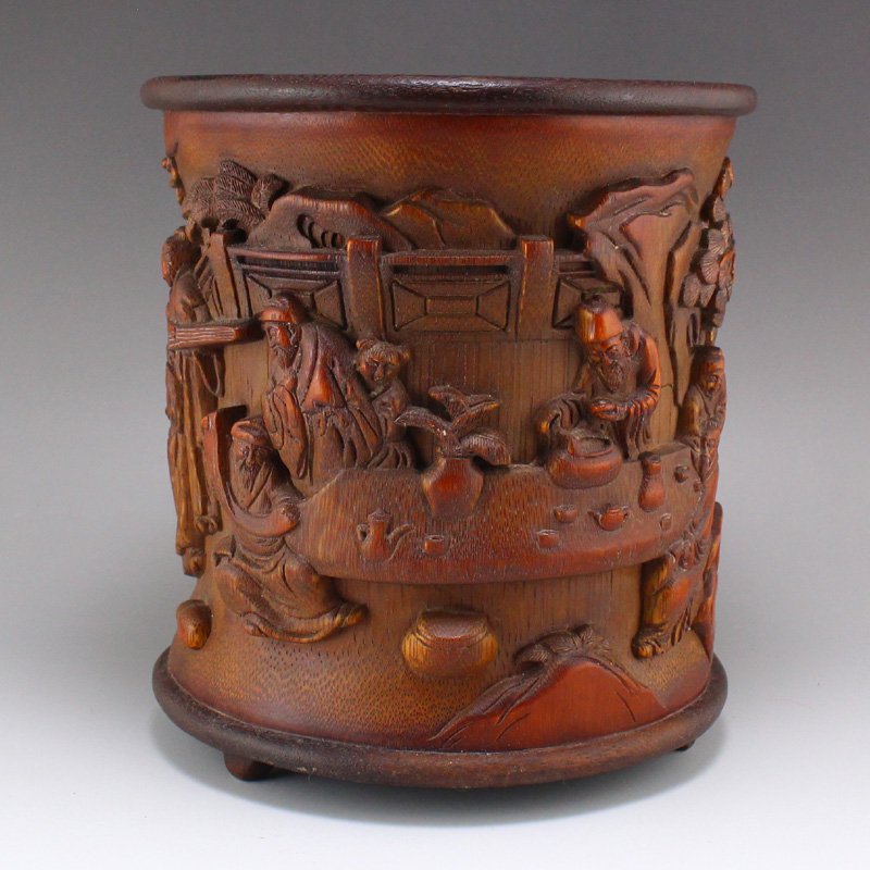Chinese Bamboo Carved Figure & Pine Tree Brush Pot (1 of 9)