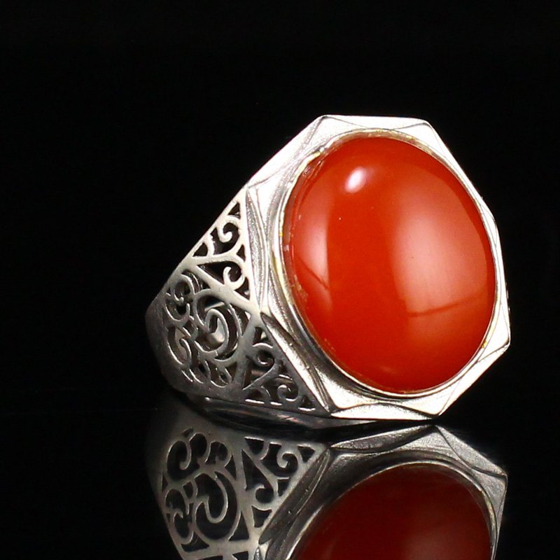 Chinese Silver Inlay Nanhong Agate Ring w Certificate (1 of 8)
