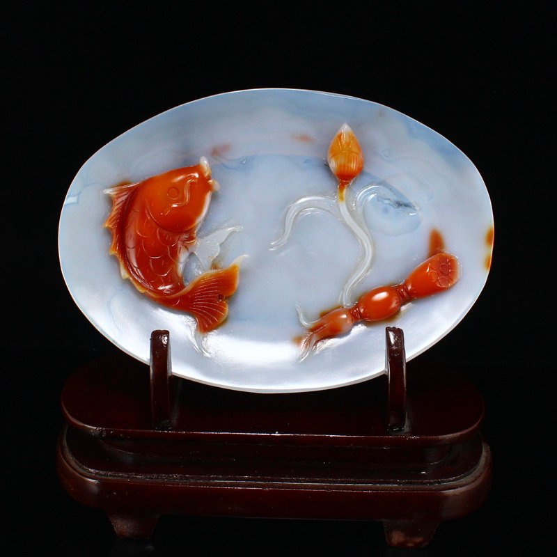 Superb Chinese Agate Carved Fish Lotus Plate (1 of 7)
