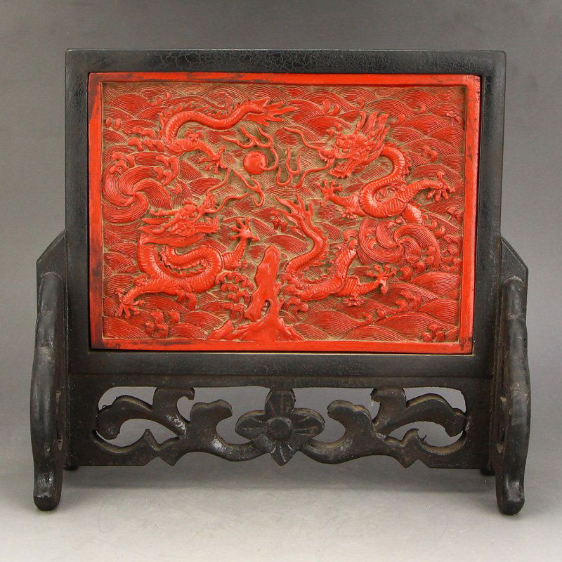 Vintage Chinese Red Lacquerware Low Relief Screen (1 of 7)