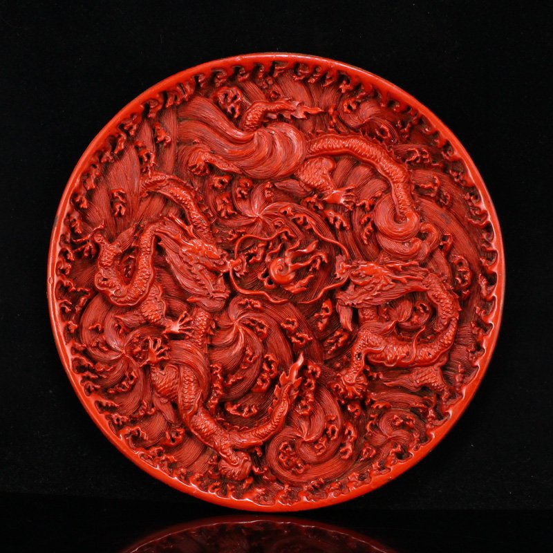 Red Lacquerware Carved Double Dragon & Fire Ball Plate (1 of 7)
