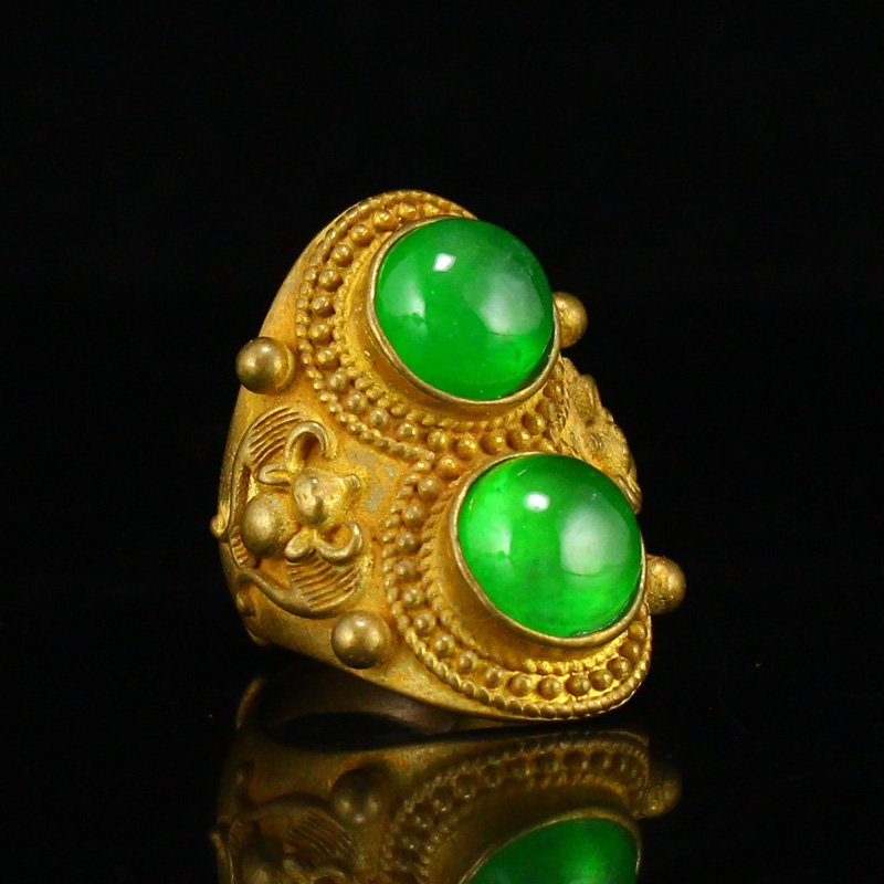 Chinese Gilt Gold Copper Inlay Green Jade Ring (1 of 6)
