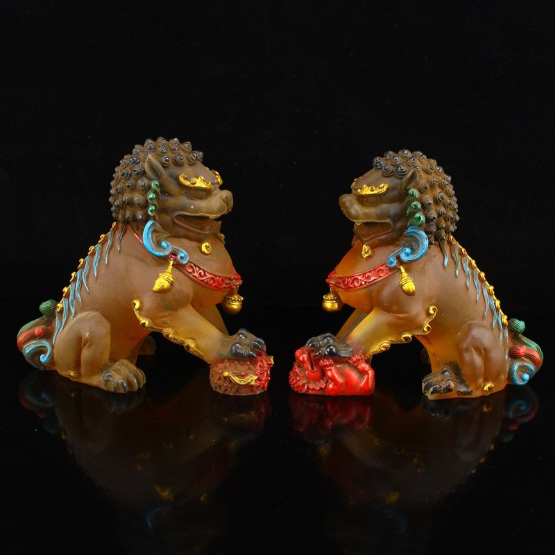 Pair Vintage Gilt Gold Peking Glass Lucky Lion Statues (1 of 11)